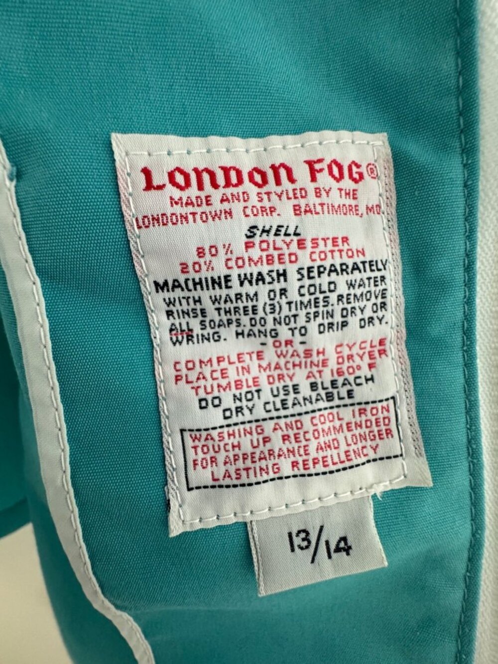 London Fog Vintage 70's Teal Jacket Zip Pockets Detachable Hood Tie Size 13/14 L - Picture 10 of 10